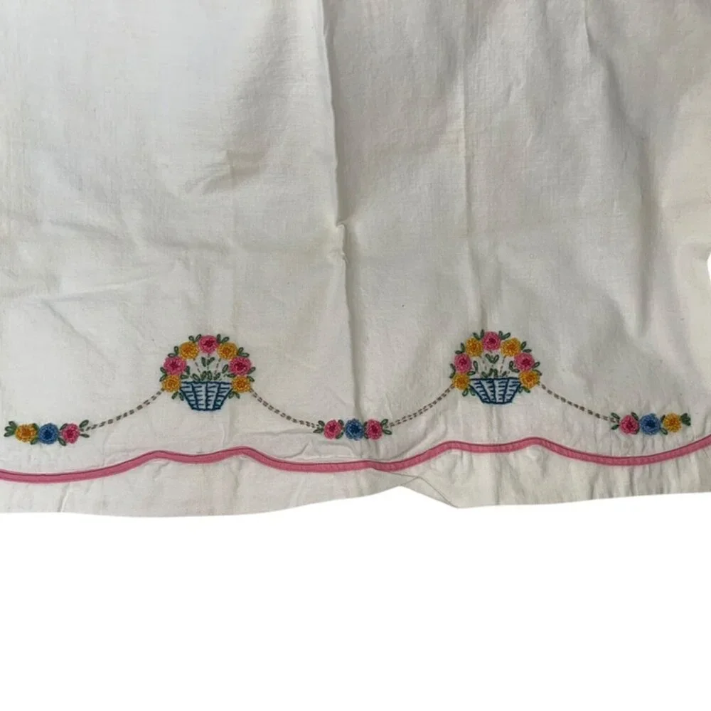Vintage Hand Embroidered needlepoint Basket Flowers set TWO cotton pillow cases